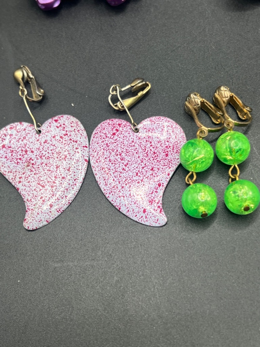 Vintage Pink Enamel Heart and Green Bead Earrings Set